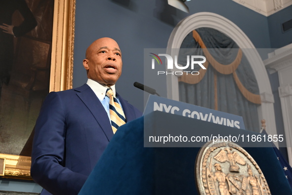 Mayor of New York City Eric Adams speaks at a news conference following his meeting with incoming Trump-Vance Administration ''border czar''...