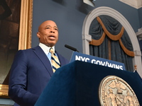 Mayor of New York City Eric Adams speaks at a news conference following his meeting with incoming Trump-Vance Administration ''border czar''...