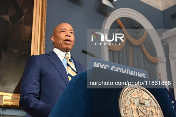 Mayor of New York City Eric Adams speaks at a news conference following his meeting with incoming Trump-Vance Administration ''border czar''...