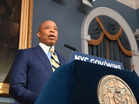 Mayor of New York City Eric Adams speaks at a news conference following his meeting with incoming Trump-Vance Administration ''border czar''...