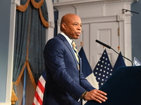 Mayor of New York City Eric Adams speaks at a news conference following his meeting with incoming Trump-Vance Administration ''border czar''...