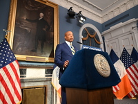 Mayor of New York City Eric Adams speaks at a news conference following his meeting with incoming Trump-Vance Administration ''border czar''...