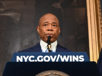 Mayor of New York City Eric Adams speaks at a news conference following his meeting with incoming Trump-Vance Administration ''border czar''...