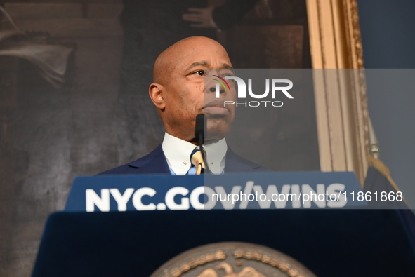 Mayor of New York City Eric Adams speaks at a news conference following his meeting with incoming Trump-Vance Administration ''border czar''...