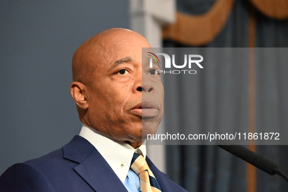 Mayor of New York City Eric Adams speaks at a news conference following his meeting with incoming Trump-Vance Administration ''border czar''...