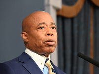 Mayor of New York City Eric Adams speaks at a news conference following his meeting with incoming Trump-Vance Administration ''border czar''...