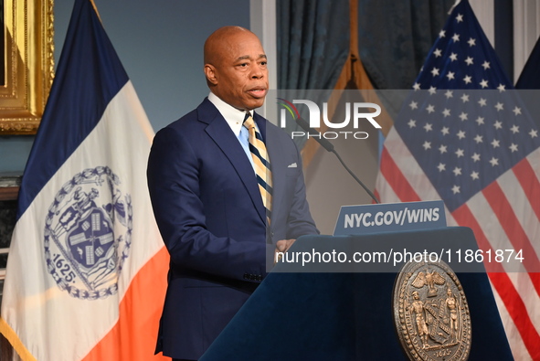 Mayor of New York City Eric Adams speaks at a news conference following his meeting with incoming Trump-Vance Administration ''border czar''...