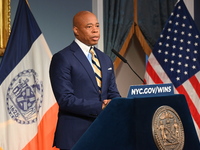 Mayor of New York City Eric Adams speaks at a news conference following his meeting with incoming Trump-Vance Administration ''border czar''...