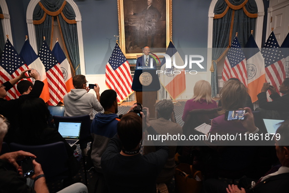 Mayor of New York City Eric Adams speaks at a news conference following his meeting with incoming Trump-Vance Administration ''border czar''...