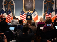 Mayor of New York City Eric Adams speaks at a news conference following his meeting with incoming Trump-Vance Administration ''border czar''...