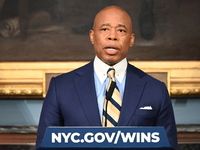 Mayor of New York City Eric Adams speaks at a news conference following his meeting with incoming Trump-Vance Administration ''border czar''...