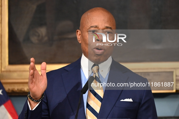 Mayor of New York City Eric Adams speaks at a news conference following his meeting with incoming Trump-Vance Administration ''border czar''...