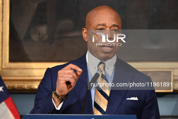 Mayor of New York City Eric Adams speaks at a news conference following his meeting with incoming Trump-Vance Administration ''border czar''...