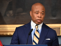 Mayor of New York City Eric Adams speaks at a news conference following his meeting with incoming Trump-Vance Administration ''border czar''...