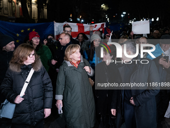 Several MEPs are present during a demonstration against the Georgian government's postponement of European Union accession talks until 2028,...