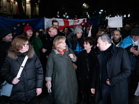 Several MEPs are present during a demonstration against the Georgian government's postponement of European Union accession talks until 2028,...