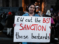 An anti-government protester carries a sign that reads ''EU cut the BS, sanction these bastards'' during a demonstration against the Georgia...