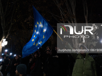 An anti-government protester waves a European Union flag during a demonstration against the Georgian government's postponement of European U...