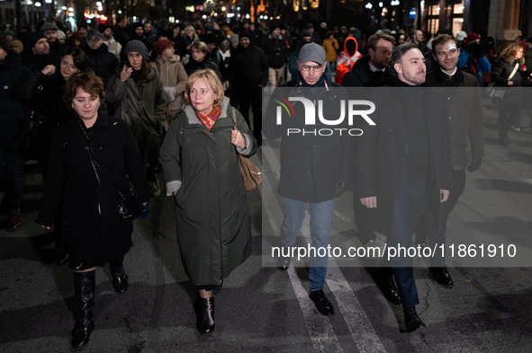 Several MEPs are present during a demonstration against the Georgian government's postponement of European Union accession talks until 2028,...