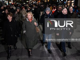 Several MEPs are present during a demonstration against the Georgian government's postponement of European Union accession talks until 2028,...