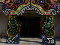 A floral cover is outside a church in Santa Maria Tomatlan in the Iztapalapa borough, Mexico City, on December 12, 2024, for the celebration...