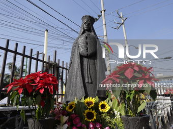 An image of the Virgin of Guadalupe is displayed in Santa Maria Tomatlan in the Iztapalapa municipality, Mexico City, on December 12, 2024,...