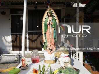 An image of the Virgin of Guadalupe is displayed in Santa Maria Tomatlan in the Iztapalapa municipality, Mexico City, on December 12, 2024,...