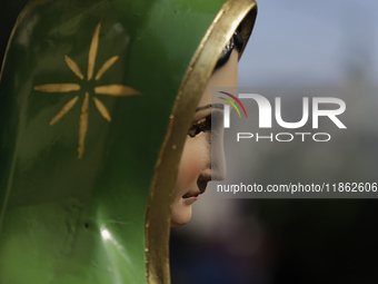 An image of the Virgin of Guadalupe is displayed in Santa Maria Tomatlan in the Iztapalapa municipality, Mexico City, on December 12, 2024,...