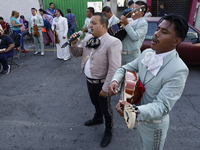 Mariachis sing to the Virgin of Guadalupe in Santa Maria Tomatlan in the Iztapalapa borough, Mexico City, on December 12, 2024, during the c...