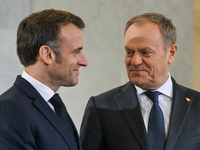 WARSAW, POLAND - DECEMBER 12:
Polish PM Donald Tusk (R) welcomes French President Emmanuel Macron at the PM's Office in Warsaw, Poland, on D...