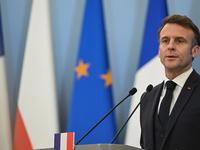 WARSAW, POLAND - DECEMBER 12:
French President Emmanuel Macron delivers remarks during a joint press conference with Polish Prime Minister D...