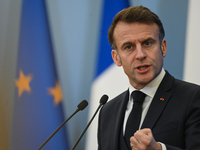 WARSAW, POLAND - DECEMBER 12:
French President Emmanuel Macron delivers remarks during a joint press conference with Polish Prime Minister D...