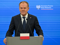 WARSAW, POLAND - DECEMBER 12:
Polish Prime Minister Donald Tusk delivers remarks during a joint press conference with French President Emman...