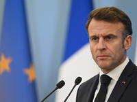 WARSAW, POLAND - DECEMBER 12:
French President Emmanuel Macron delivers remarks during a joint press conference with Polish Prime Minister D...