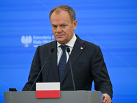 WARSAW, POLAND - DECEMBER 12:
Polish Prime Minister Donald Tusk delivers remarks during a joint press conference with French President Emman...