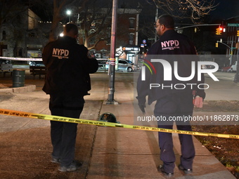 The NYPD evidence collection team gathers evidence and marks shell casings at the scene where two people are shot at Lafayette Gardens NYCHA...