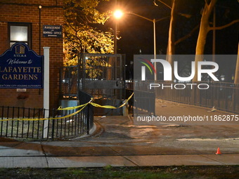 The NYPD evidence collection team gathers evidence and marks shell casings at the scene where two people are shot at Lafayette Gardens NYCHA...