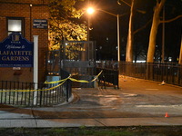 The NYPD evidence collection team gathers evidence and marks shell casings at the scene where two people are shot at Lafayette Gardens NYCHA...