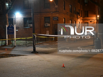 The NYPD evidence collection team gathers evidence and marks shell casings at the scene where two people are shot at Lafayette Gardens NYCHA...