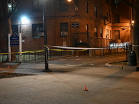 The NYPD evidence collection team gathers evidence and marks shell casings at the scene where two people are shot at Lafayette Gardens NYCHA...