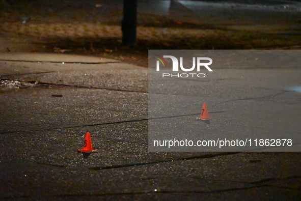 The NYPD evidence collection team gathers evidence and marks shell casings at the scene where two people are shot at Lafayette Gardens NYCHA...