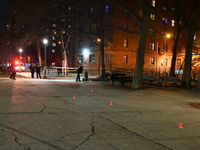 The NYPD evidence collection team gathers evidence and marks shell casings at the scene where two people are shot at Lafayette Gardens NYCHA...