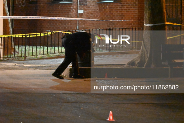 The NYPD evidence collection team gathers evidence and marks shell casings at the scene where two people are shot at Lafayette Gardens NYCHA...