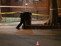 The NYPD evidence collection team gathers evidence and marks shell casings at the scene where two people are shot at Lafayette Gardens NYCHA...