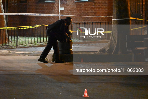 The NYPD evidence collection team gathers evidence and marks shell casings at the scene where two people are shot at Lafayette Gardens NYCHA...