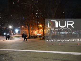 The NYPD evidence collection team gathers evidence and marks shell casings at the scene where two people are shot at Lafayette Gardens NYCHA...