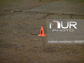 The NYPD evidence collection team gathers evidence and marks shell casings at the scene where two people are shot at Lafayette Gardens NYCHA...