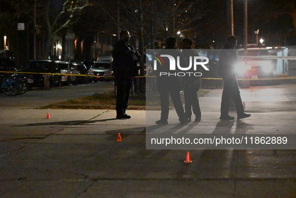 The NYPD evidence collection team gathers evidence and marks shell casings at the scene where two people are shot at Lafayette Gardens NYCHA...