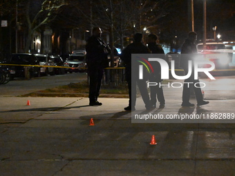 The NYPD evidence collection team gathers evidence and marks shell casings at the scene where two people are shot at Lafayette Gardens NYCHA...