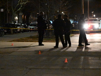 The NYPD evidence collection team gathers evidence and marks shell casings at the scene where two people are shot at Lafayette Gardens NYCHA...